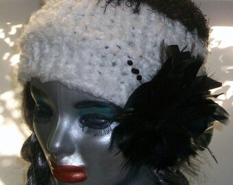 HAT WOMEN KNITTED Cloche Beanie   Black and White With Feather  Women Teens  Gift Knitted  Head cover