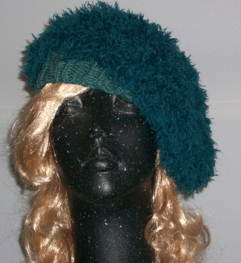 HAT WOMEN KNITTED Woman Fuzzy Beret Teal Color Cute Slouchy Head cover image 1