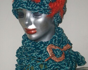 HAT WOMEN KNITTED  With Matching Cowl  Multi Shades of Blue with Orange Accents Woman Teens Girls