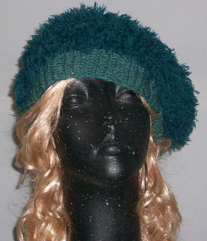 HAT WOMEN KNITTED Woman Fuzzy Beret Teal Color Cute Slouchy Head cover image 2