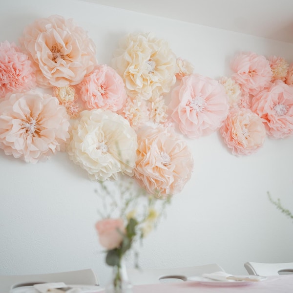 Assorted Tissue Paper Flowers: Custom Colors & Sizes – 10", 15", 20" – Party Decor
