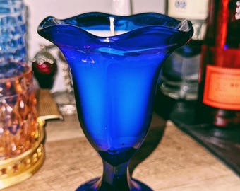 Hand-Poured Candle with Coconut Wax in Cobalt Blue Vintage Glass Pedestal Candle | Upcycled Decor