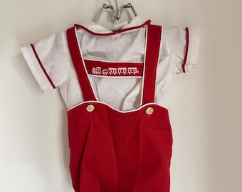 Vintage Baby Two Piece Red Train Romper by Bryan. 0-3 months. USA. Baby Boy.