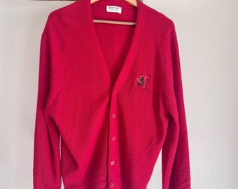 Vintage 70s Red Knit Cardigan Sweater, Grand Slam USA Made, Men's Large. Texas Tech Sweater. Texas Tech Logo, professionally attached.
