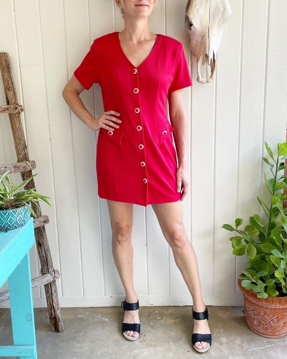Vintage Joni Blair Red Button Down Dress. Short Vi