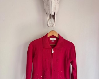 Vintage Allison Daley Red Zip-Up Jacket with Snowflake Embroidery Petite XS Grannycore Zip Up Cardigan Holiday Christmas Sweater.