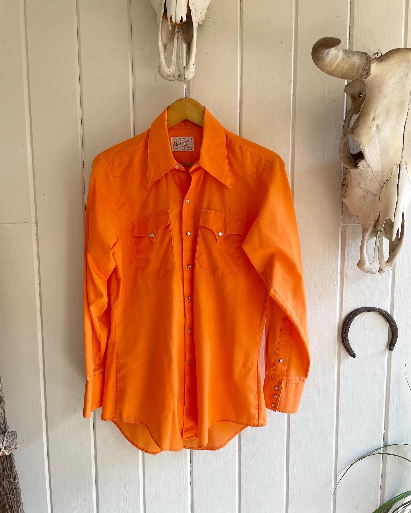 Men's Pre Owned Orange Pearl Snap Western Shirt by Rockmount Ranch Wear. Try-West Rockmount Ranch Wear Denver Co.