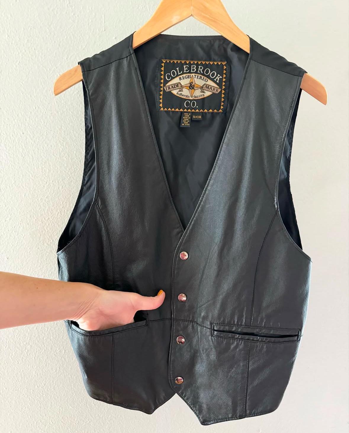 Vintage Colebrook Co. Black Leather Vest Snap Front Pockets, Lined