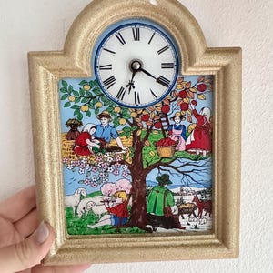 Vintage Mechanical Clock Working. Apple orchard. Sheep farm.  possibly a Soviet Wall Clock. Looks like a reverse pairing. 4 seasons.