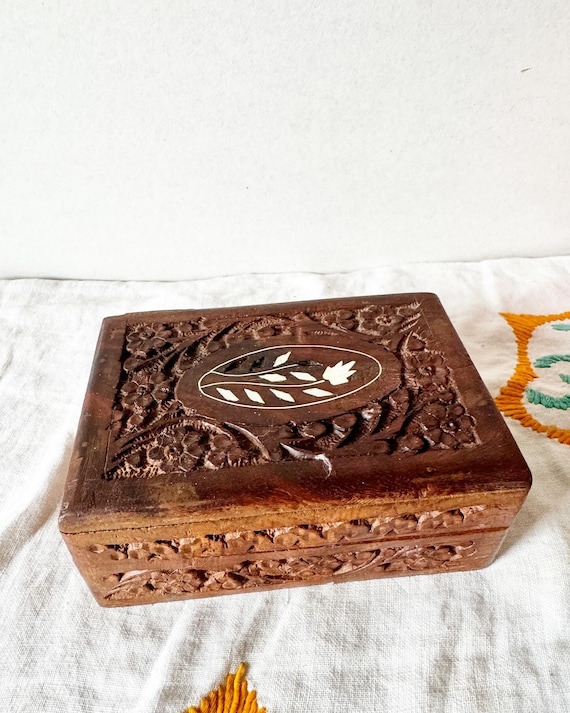 Hand Carved Indian Wood Box. Inlaid Rosewood. 1970