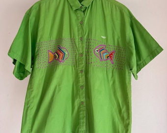 Vintage My Name Is Panama Button Down Shirt Hand Embroidered Quilted Parrot Blue Mens Size L EUC. Vacation Shirt. Mola shirt.