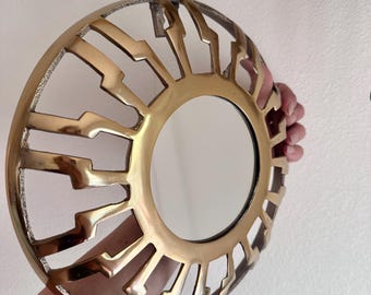 Vintage Art Deco mid-century modern convex brass sunburst mirror. Wall Round Mirror Metal.