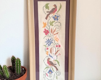 Vintage Needlework Birds Linen Panel, Cross Stitch Birds, Chickadees on Fabric, Sewing Bird Fabric Trim. Cross Stitch Birds and Plants.