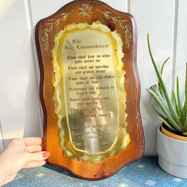 Vintage 10 Commandments on Copper Plate Mounted on Pine Wood.  1970’s. religious Gift.