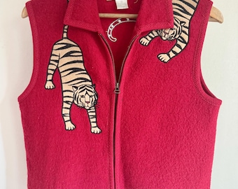 Vintage 80’s 90’s Boiled Wool Red Leopard Paw Cat Vest. Lisa International  Cheetah Vest.  Embroidered cat paws. Small. Cat lover.