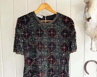Vintage Scala Beaded Sequin Silk Shirt. New Years Flashy Blouse. New Years Eve. Taylor Swift.