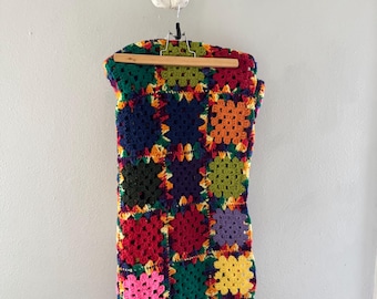 Gorgeous Vintage Afghan. Granny Afghan. Brightly Colored Yarn Blanket. 74 x 57”.