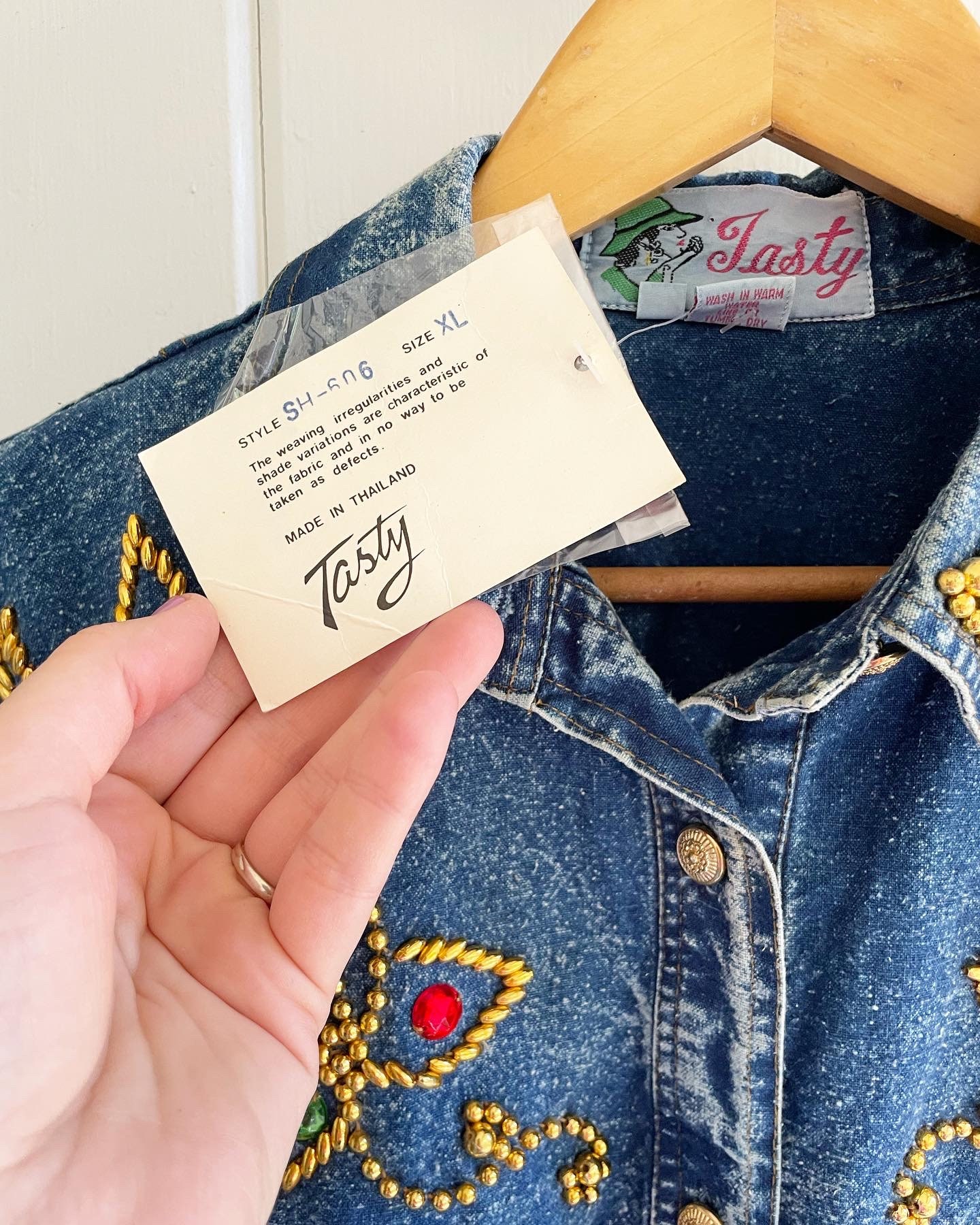 Vintage 80's Rhinestone Bedazzled Denim Shirt Sleeve Shirt