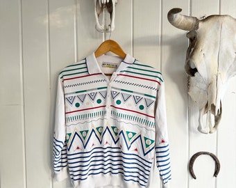 Vintage 90s Geometric Long Sleeve Polo Shirt.  Belvedere Petites.