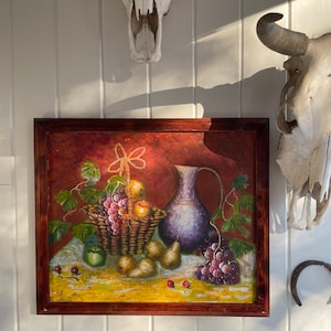 Large Vintage Original Still Life Painting of Fruits, Bottles, Baskets ...