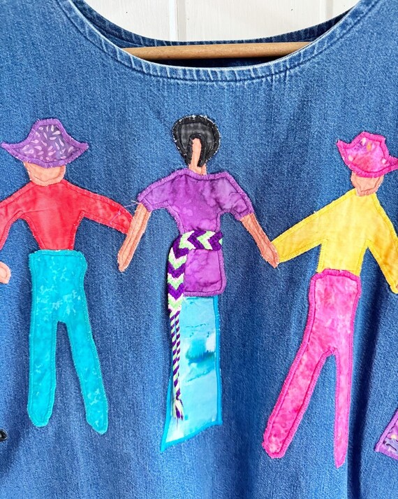 Unique Embroidered Denim Patchwork Brightly Cloth… - image 3