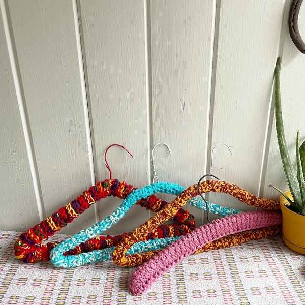 Set of Four Crocheted Yarn Metal Hangers. Boho Home. Retro Vintage Hangers.