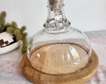 Vintage MCM Half Gallon Glass Jug Penny Coin Bank Wood Base with Cork ~ Corked Bottle. Terrarium. Glass glued to wood.