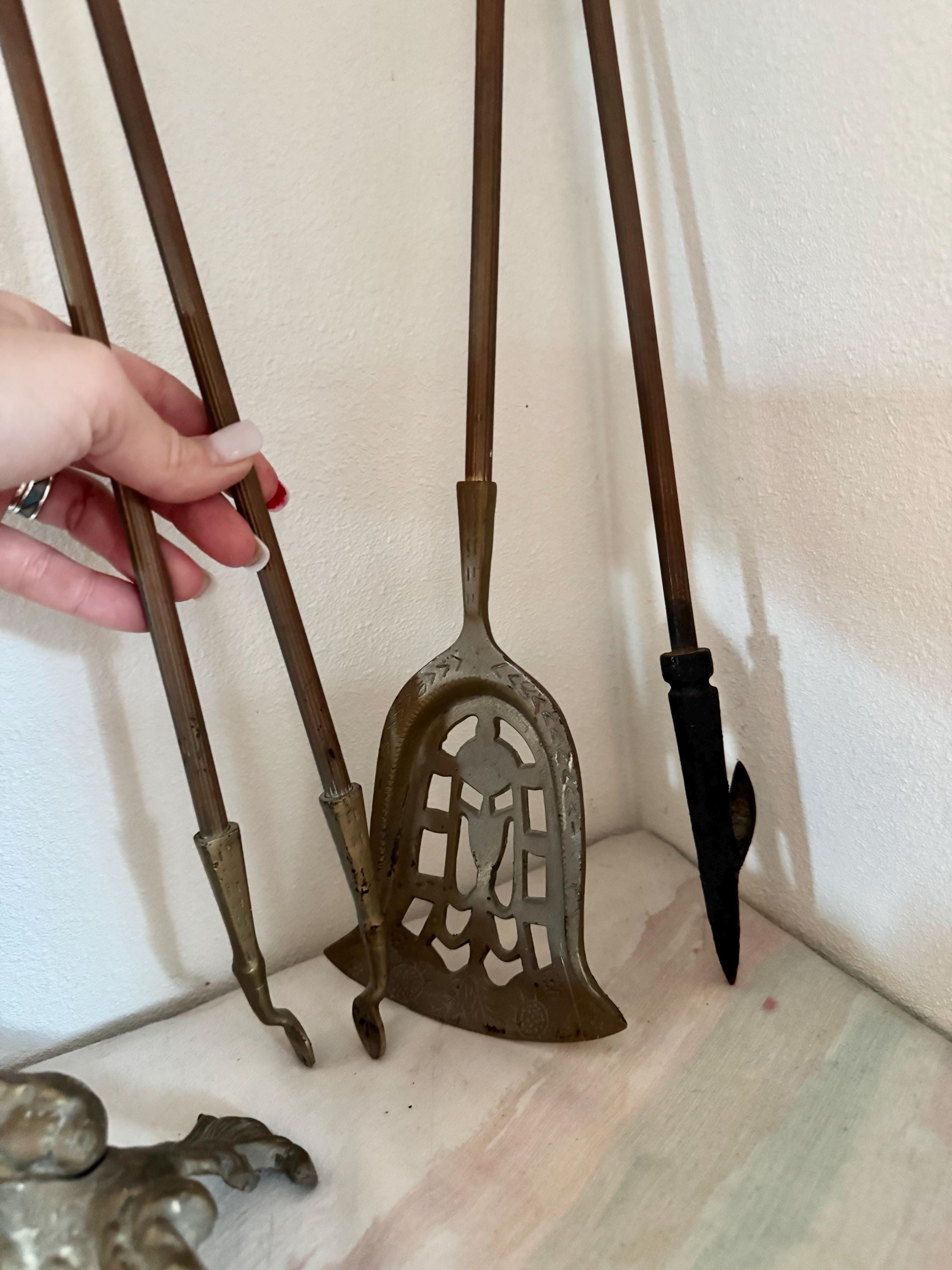 Antique French Brass Fireplace Hearth Tool Set Hunting Theme Game