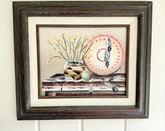 Vintage Southwest Printed Painting Stretched and Framed in Wood. Beautifully framed. Native American Art.