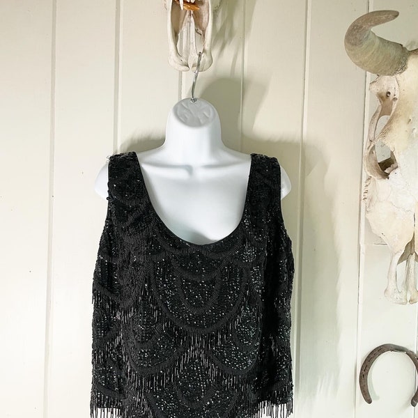 Salomon’s Vintage Black Jeweled Bedazzled Flapper Tank Top. Grand Oriental Store Panama. Size: 16.