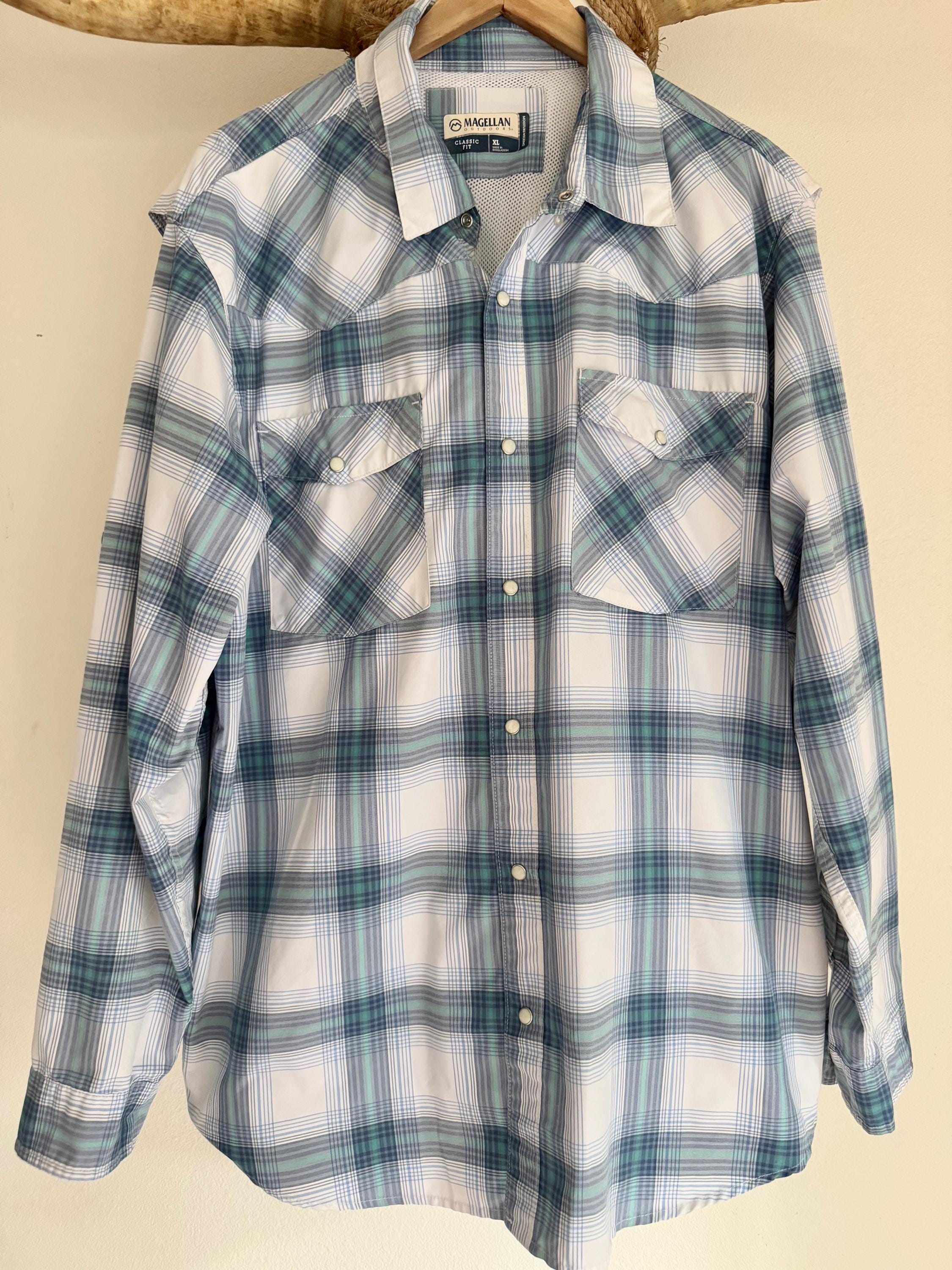 magellan dress shirts Magellan Outdoors Western Long Sleeve Men's Shirt Pecos Ridge Classic Fit,  Moisture Wicking Nylon XL. Pearl Snap. Chest Pockets With Snaps