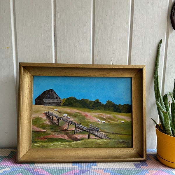 Gorgeous Vintage Original Oil Painting of Sheep in A Field with an Old Barn and Broken Old Fence.