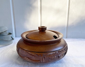 Vintage Wooden Carved Jar with Lid. Philippines Wood Jar. Monkey Pod Wood.