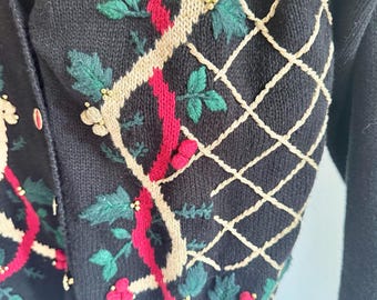 dress barn holiday sweaters Dressbarn Christmas Cardigan Sweater Size M. Black Mistletoe Embroidered .  Holly. Ugly Sweater Party. Holiday