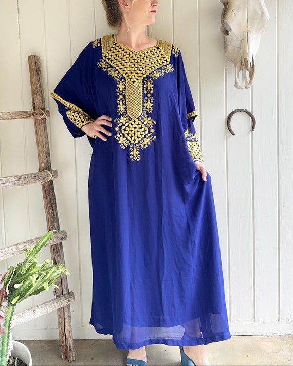 XL Boho Kaftan Blue with Hold Embroidered Dress. … - image 2