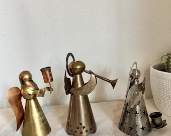 Vintage set of 3 Metal/Brass/Copper Angels Candleholders. Holiday Decor. Metal Angels. Mantel Christmas Decor.