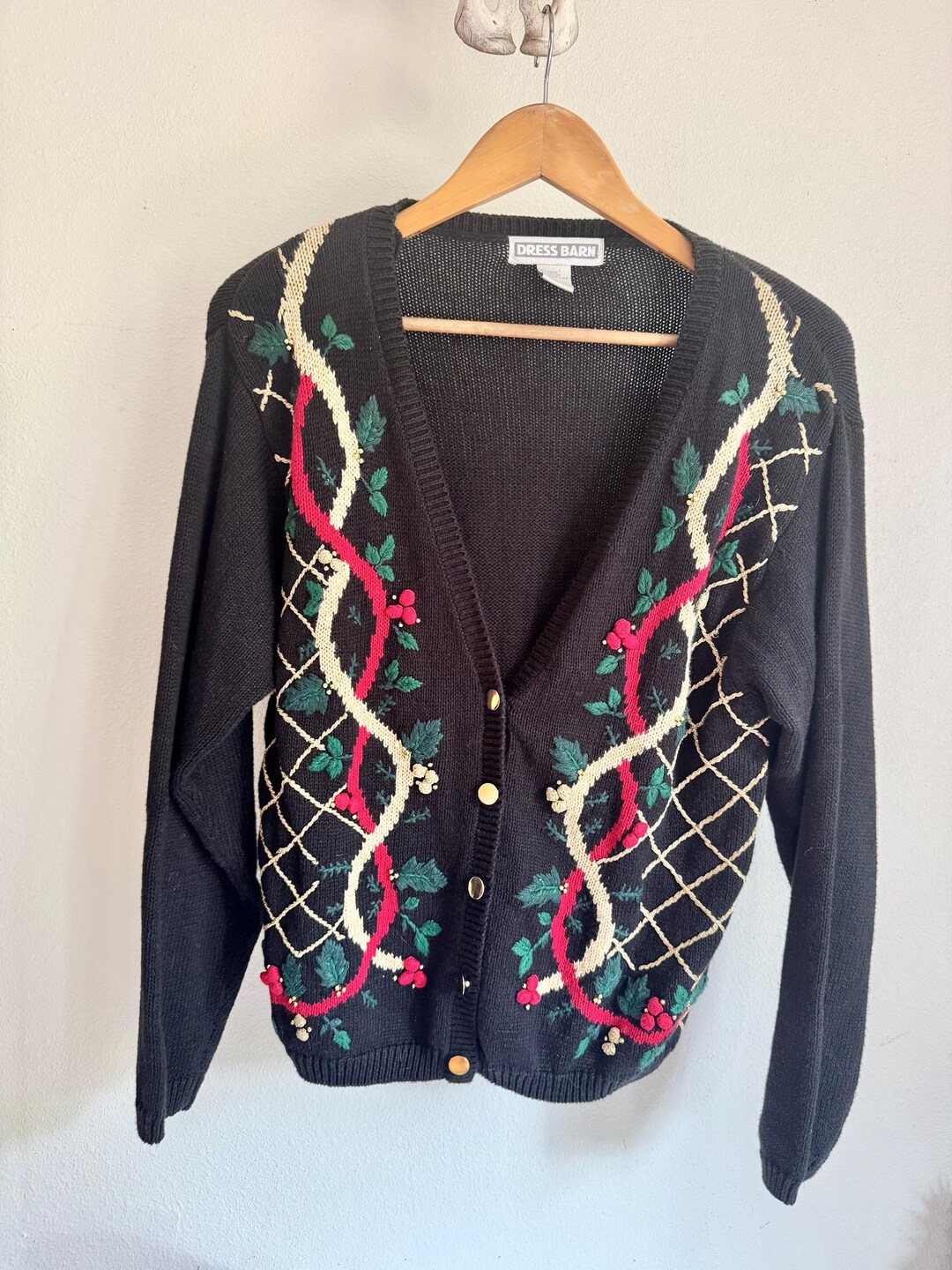 dress barn holiday sweaters Dressbarn Christmas Cardigan Sweater Size M. Black Mistletoe Embroidered .  Holly. Ugly Sweater Party. Holiday