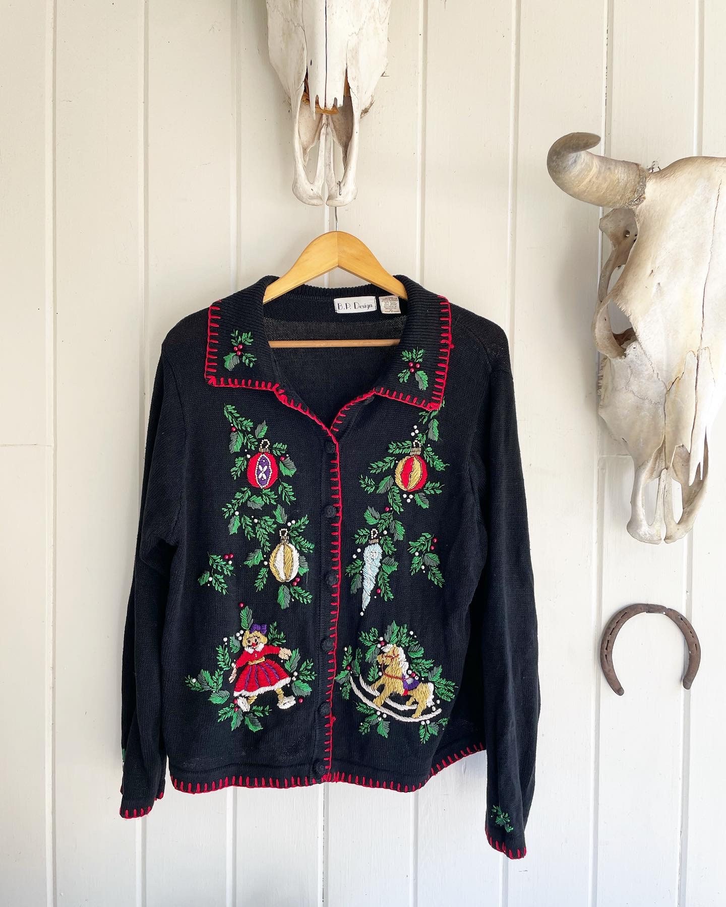Vintage B.P. Design Embroidered Black Red and Green with Beading Christmas Holiday Cardigan Sweater