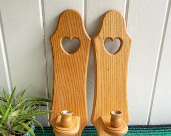 Pair of Vintage Wood Heart Wall Sconces. Wood Wall Sconces with Heart Cut Outs. Farmhouse Decor. Country Home.