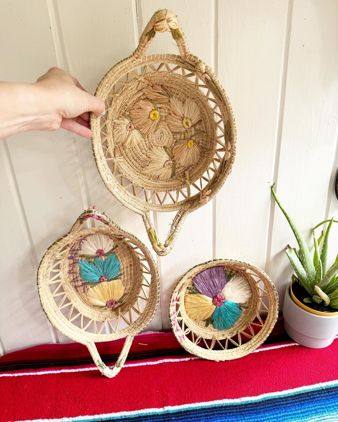 Colorful Ratten Basket Vintage Set of 3 Wicker Rattan Colorful Wall Baskets. Display Baskets ...