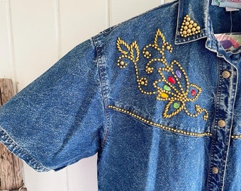 Vintage 80's Rhinestone Bedazzled Denim Shirt Sleeve Shirt