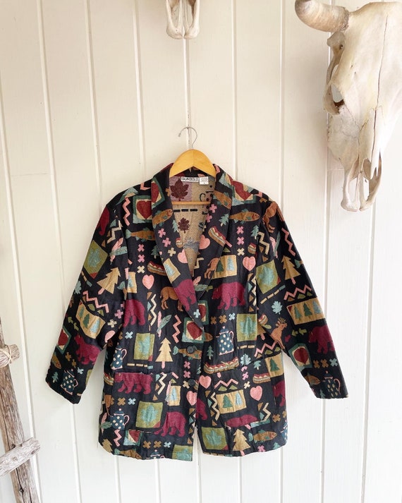 Vintage Outdoorsy Tapestry Jacket. Bear, Feather, 