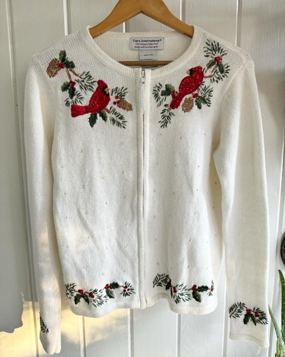 Vintage Zip Up White Cardinal Winter Sweater. Smal