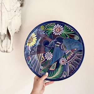 Vintage Mexican Talavera Pottery Footed Bowl Centerpiece Display Blue Peacock. Hand painted.