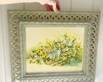 Vintage E. Carpenter Floral Plastic Print Framed in a Homco Faux Bamboo Style Frame. Boho Art. Daisy Art. Flower Art. Homco. Burwood.