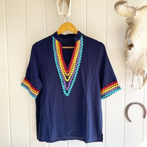 Navy Blue Shirt with Embroidered Rainbow Piping. Boho Artsy Small Shirt.
