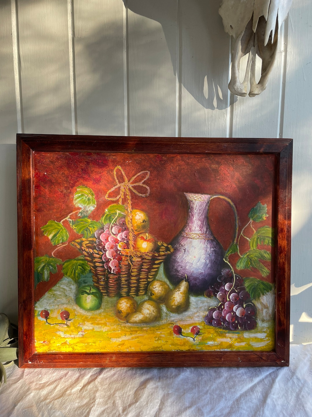 Large Vintage Original Still Life Painting of Fruits, Bottles, Baskets ...