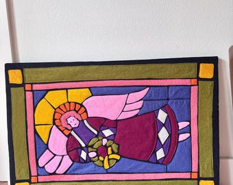 Vintage Felt Handmade Christmas Angel Wall Hanging Stained Glass Style. Stretches on a canvas. Felt sewn together, mosaic. 36 1/8 x 24 1/8 x