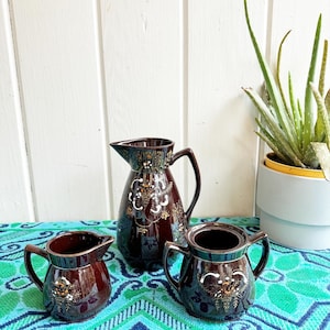 Vintage Japanese Moriage Patterned Hand Painted Redware “Tea Set” - 3-piece Mid Century Decor. Vintage Royal Sealy Japan Tea Sake Pitcher