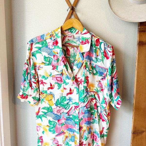 1980’s Mondi Western Germany Colourful Ladies Blouse (EU 34.) Exotic Bird Pattern. Bright floral and Hawaiian Hawaii Shirt.